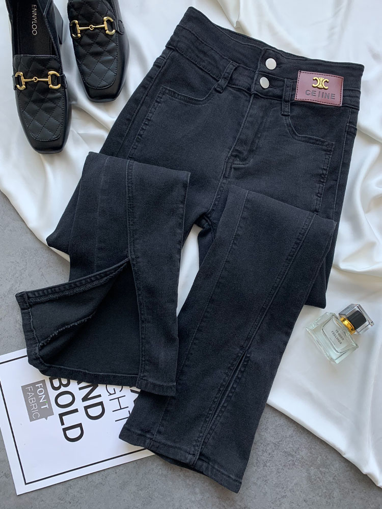 牛仔裤女装2023春季新款高腰弹力显瘦开叉直筒微喇叭裤子秋冬薄绒