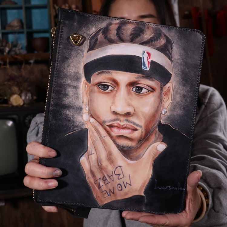 木南皮艺手工皮具定制nba球星艾佛森真人头像皮雕信封
