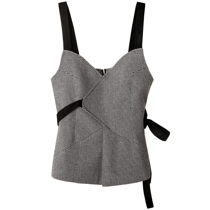 韩版女装时尚新款千鸟格吊带马甲背心系带收腰马夹