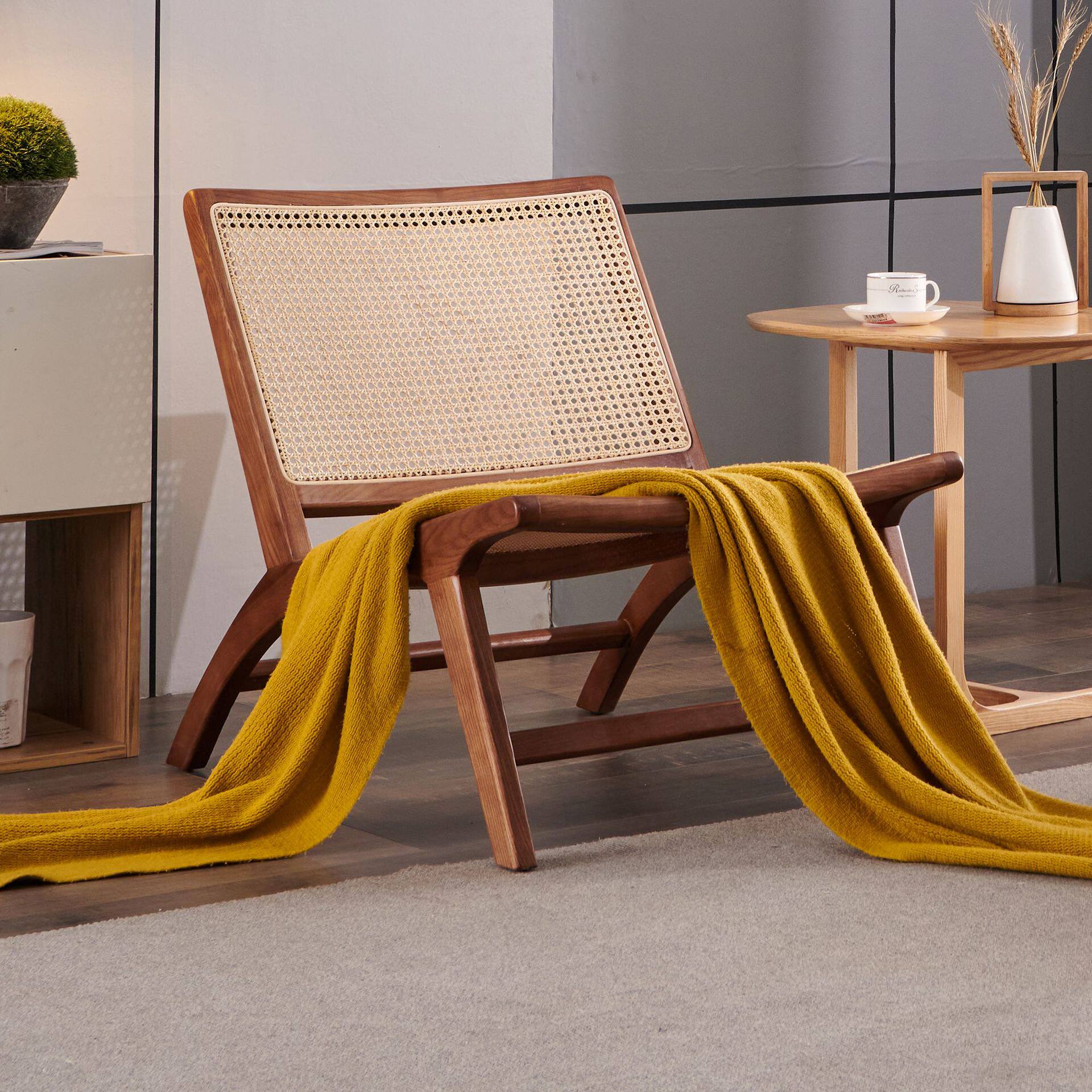 北欧印尼真藤休闲椅实木阳台背椅藤编躺椅白蜡沙发椅