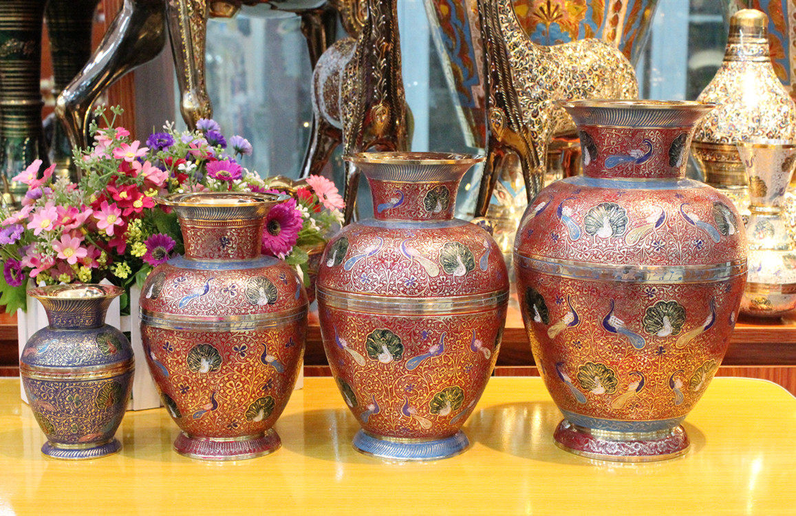 印度进口手工艺品铜器直销铜雕聚财聚宝花瓶家居装饰摆件