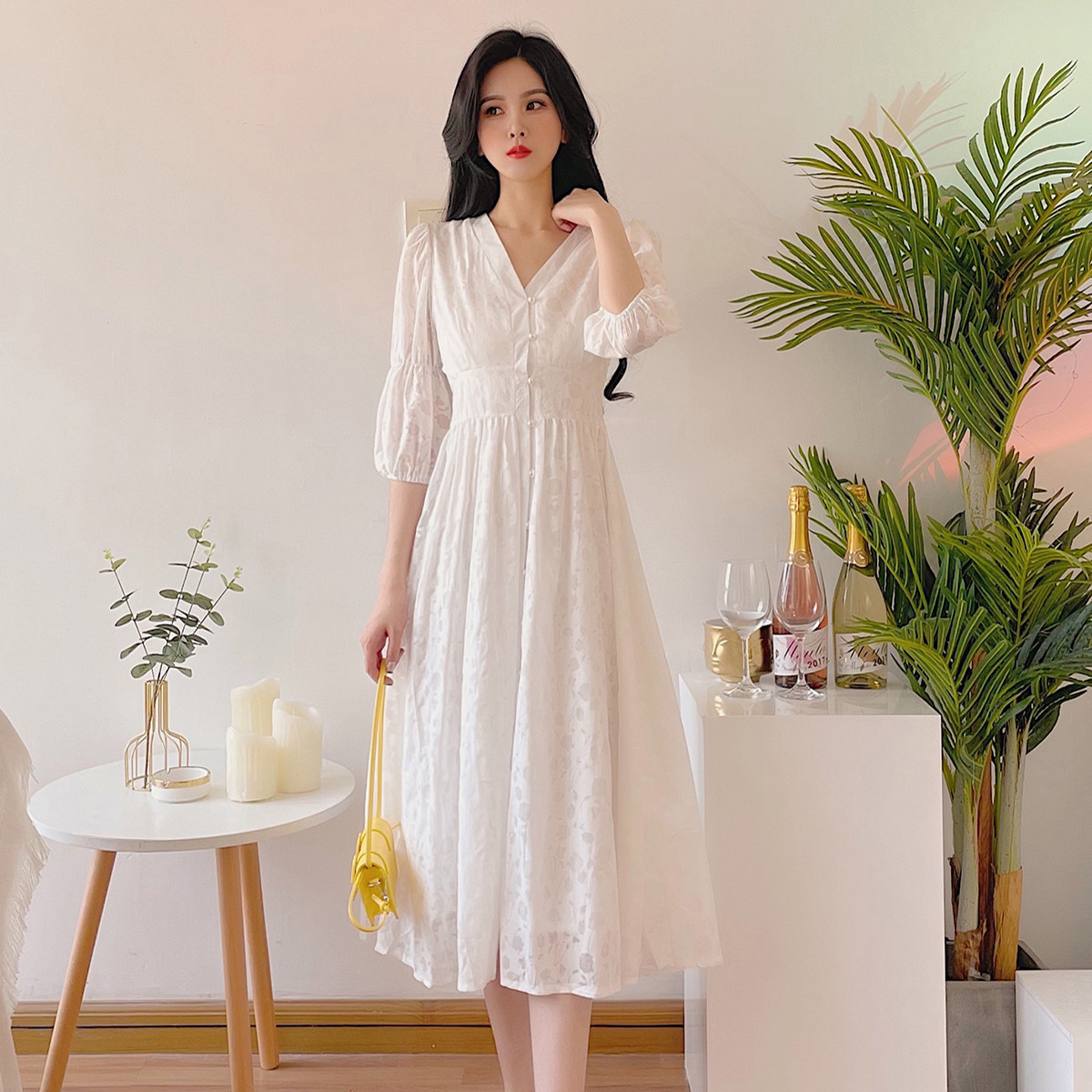 xiahshop白色法式袖收泡泡长裙西娅家复古夏复古子女连衣裙