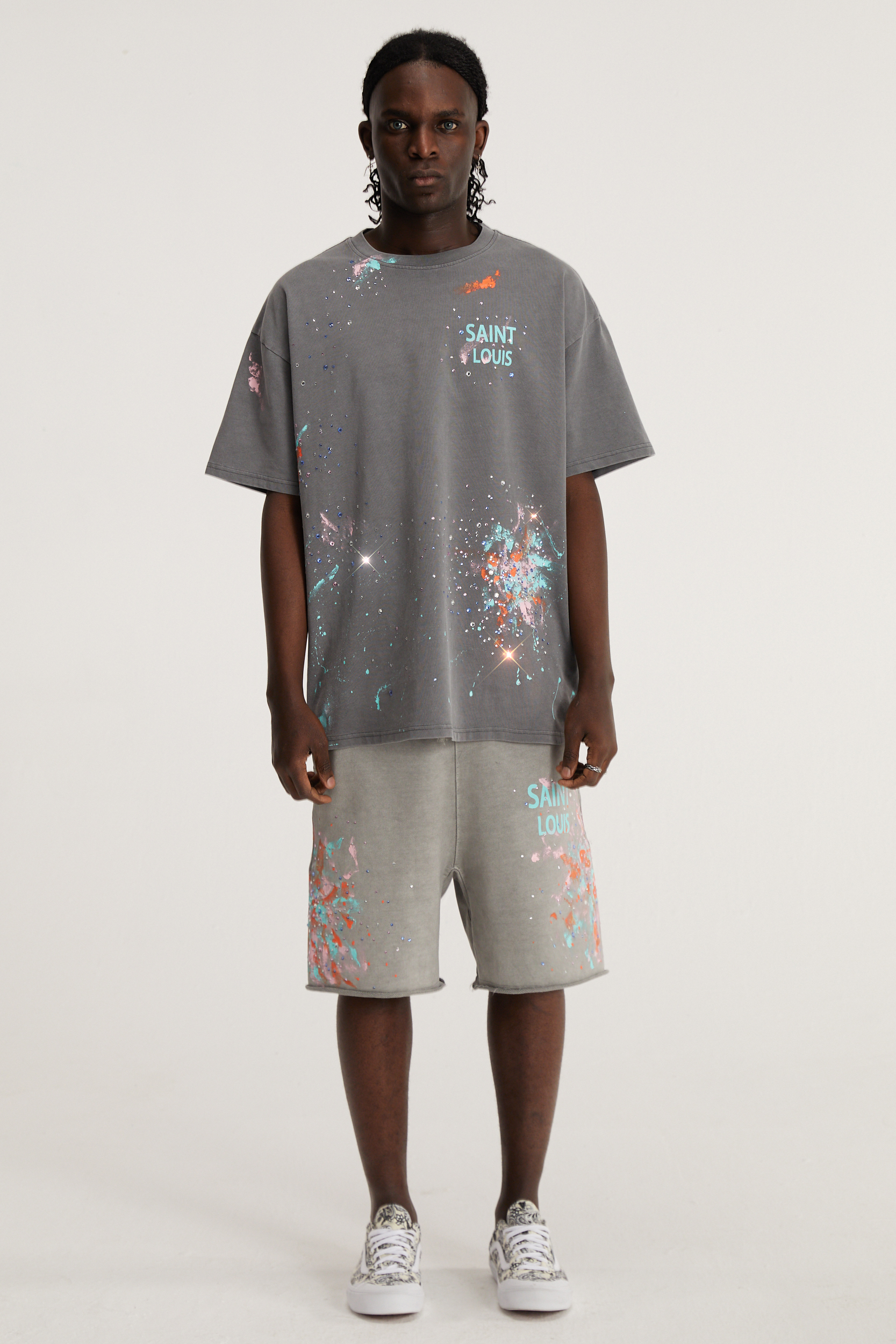 2ccmsssaintlouiscrystalrainsweatshort水洗泼墨水钻短裤休闲裤