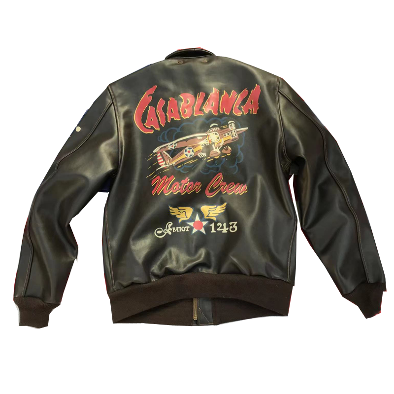 阿美咔叽卡萨布兰卡马皮背画帅气a2空军飞行夹克皮衣