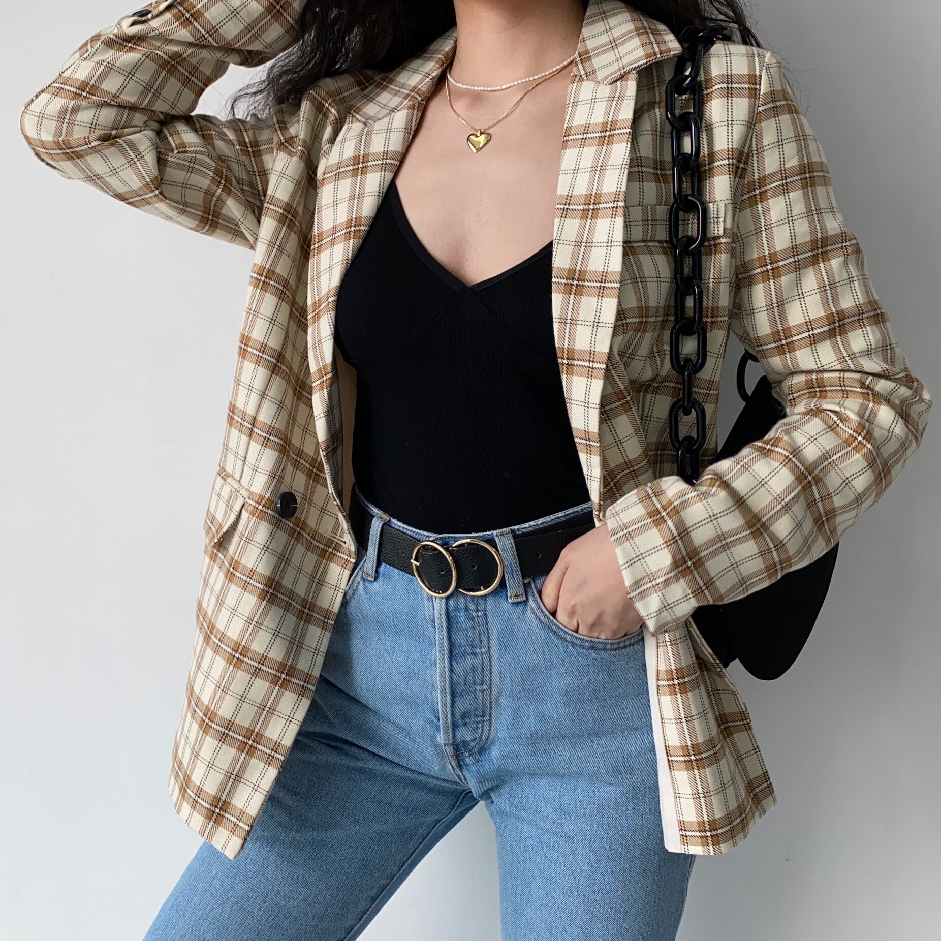 gogirl法式复古小众格子西装外套休闲时尚西服西装