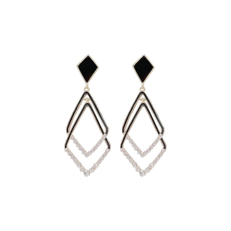 耳环日韩气质网红银针黑色双菱菱形耳坠镶钻耳环
