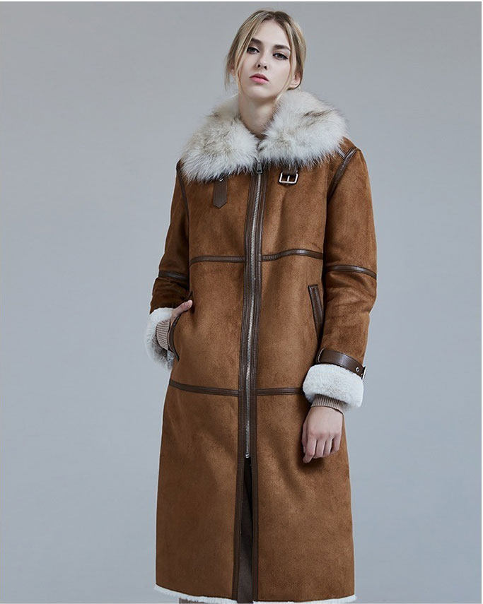 毛领中长女中一体皮毛外套狐狸麂皮大衣皮草皮草