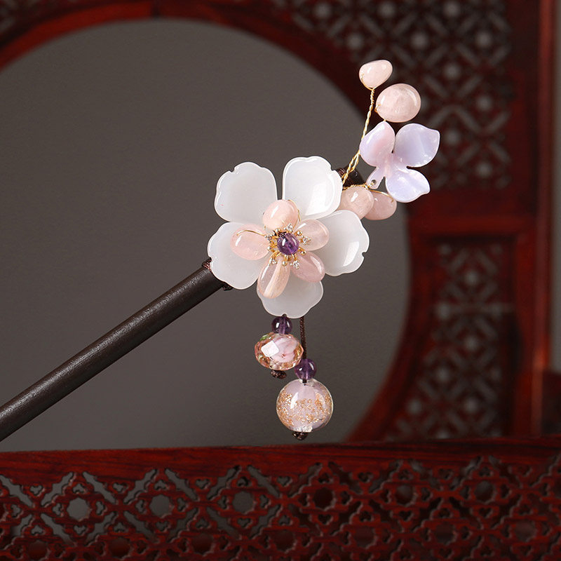古风发簪桃花木簪簪子简约日常现代可盘发步摇流苏中国风发饰女