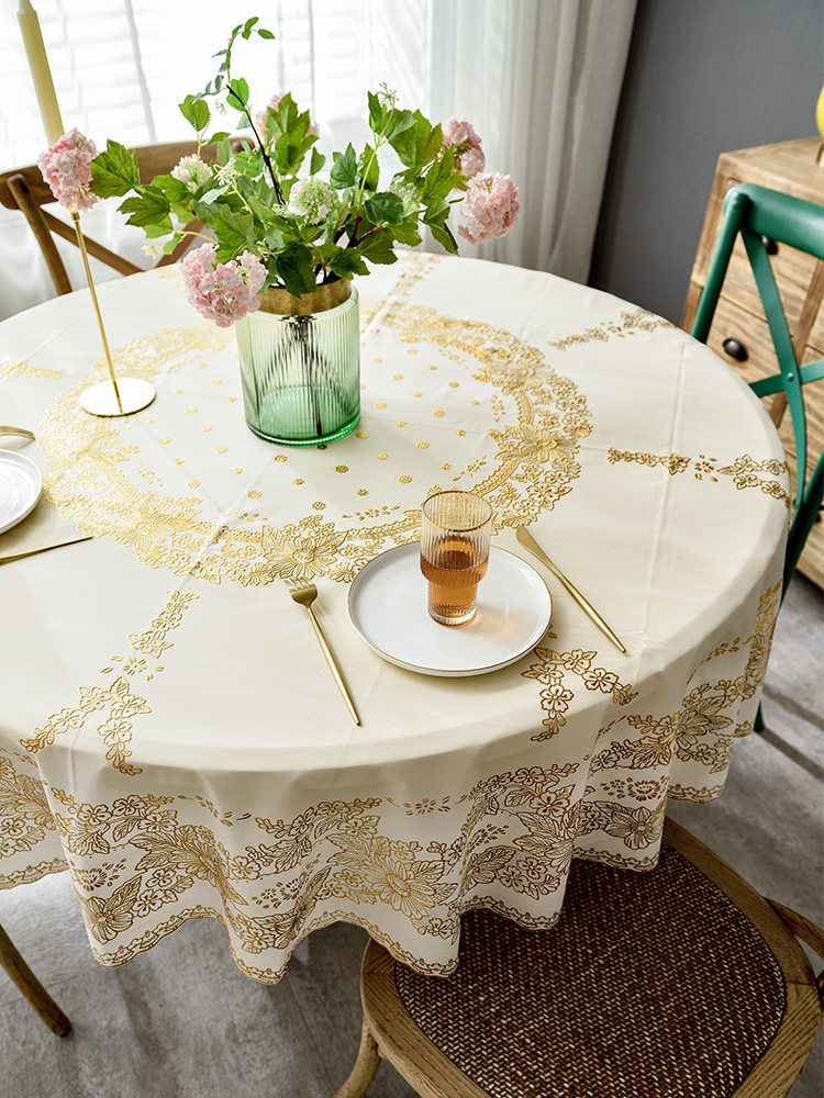 圆桌防水布防油免pvc餐桌欧式烫金塑料圆形桌布