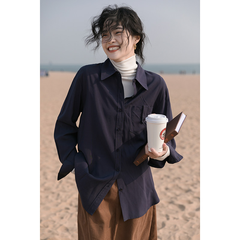 觅定衬衫外套女设计感小众秋冬季复古港风日系ins潮纯色上衣休闲