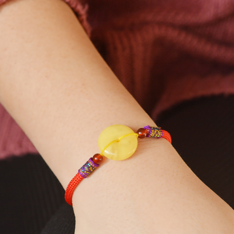 ecats天然琥珀蜜蜡花珀平安平安扣扣手手链女款手饰