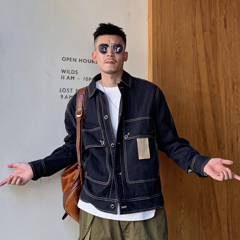 杠叔春秋季男士美式休闲翻领夹克牛仔工装外套韩版ins上衣宽松潮