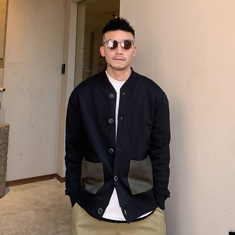 杠叔春秋季男士休闲工装拼色夹克外套无帽宽松复古上衣潮长袖韩版
