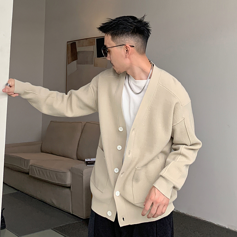 杠叔春秋季男士纯色开衫毛衣宽松时尚休闲V领外套美式韩版上衣潮