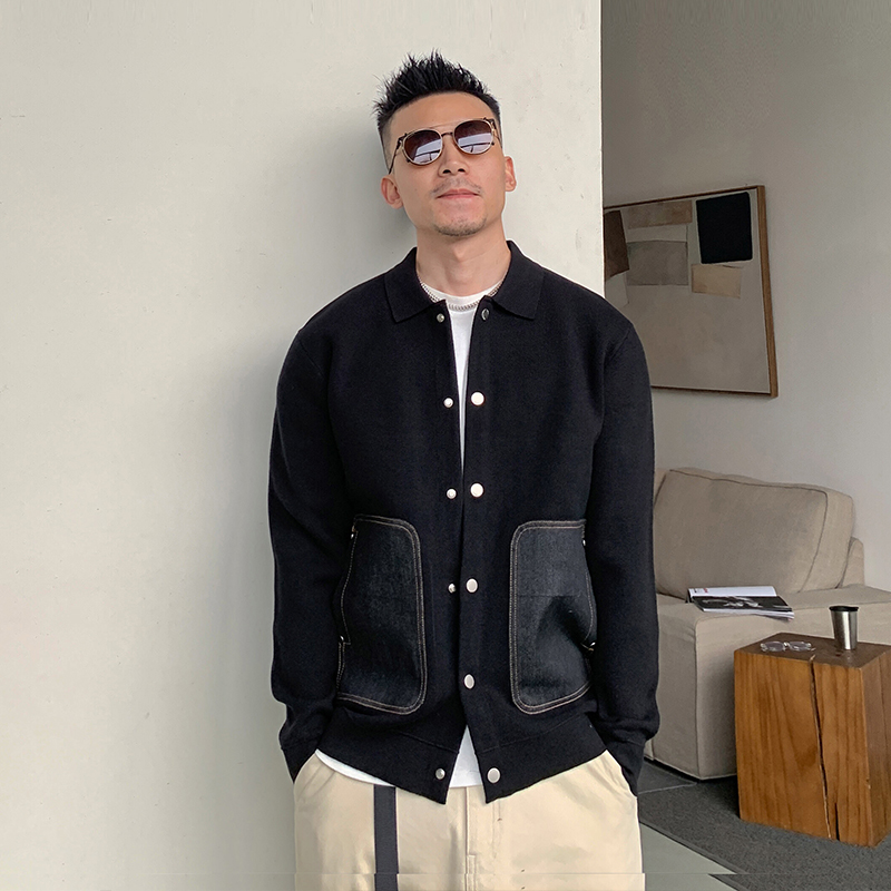 杠叔春秋季男士翻领开衫毛衣宽松休闲大口袋上衣美式韩版外套潮流