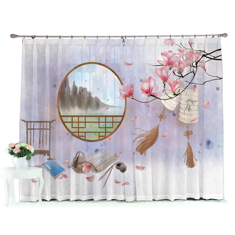 新中式别墅玉兰花印花古风窗帘布纱帘窗纱卧室温馨客厅超高2020新