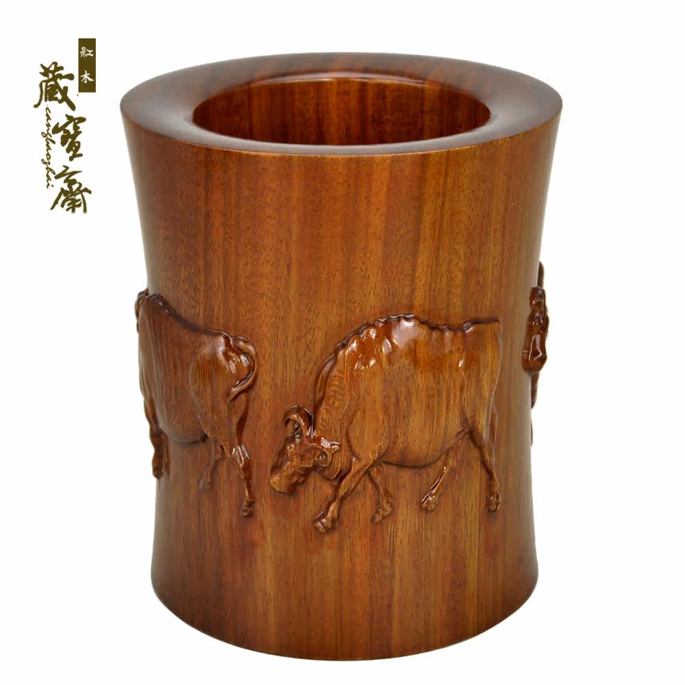 红木笔筒木雕木雕工工艺品五牛实木笔架摆件水牛木雕