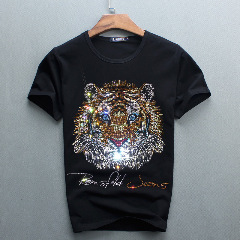 夏季男潮ins老虎头烫钻T恤冰丝棉潮牌情侣短袖本命年港风黑色半袖