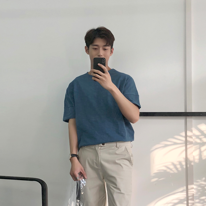 【王印学】自制薄款落肩竹节棉t恤纯色前短后长短袖男夏季半袖潮