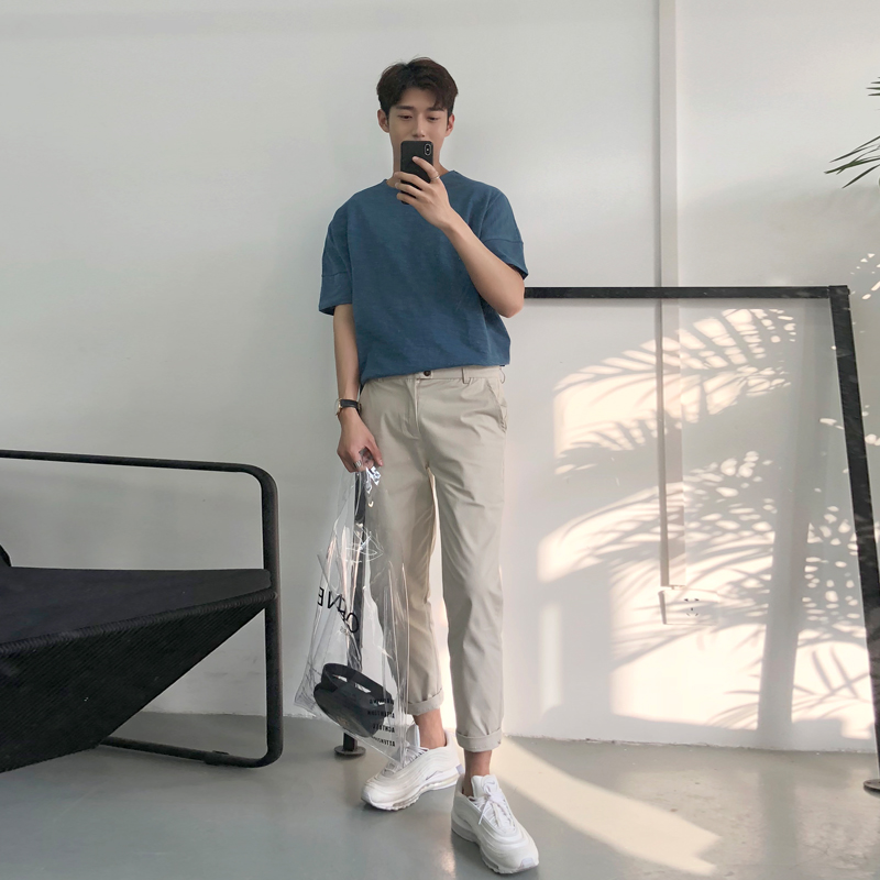 【王印学】休闲裤男米白色直筒修身春秋小脚显瘦九分裤男士裤子