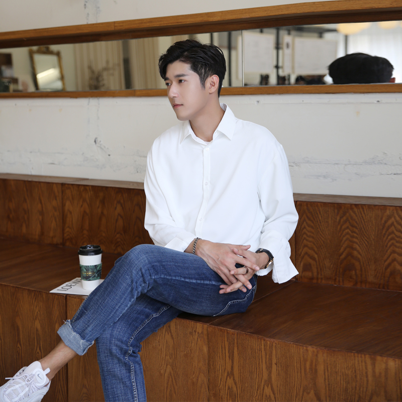【王印学】衬衫男丝滑垂坠感纯色夏季基础长袖白衬衣高级感外套