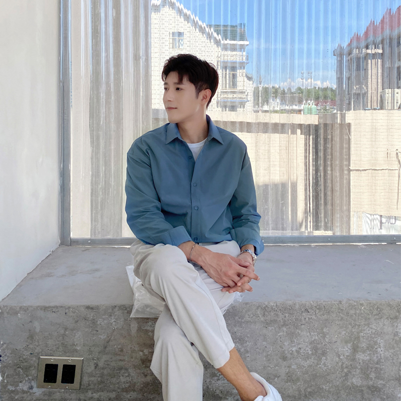 【王印学】长袖男士蓝色慵懒风衬衫垂感夏季休闲百搭衬衣高级上衣