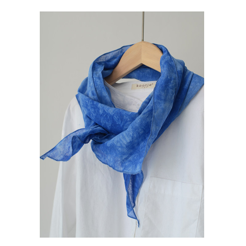 扎染围巾 夏季文艺复古个性细长亚麻小丝巾女 蓝色轻薄透气纱巾