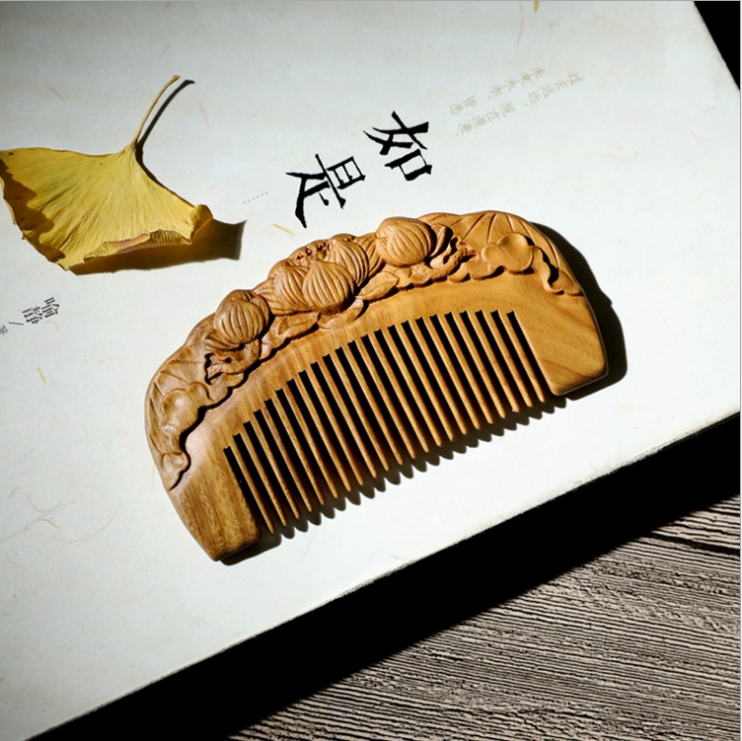 刻字木梳荷花莲蓬女神节包邮礼绿檀檀香情侣梳子