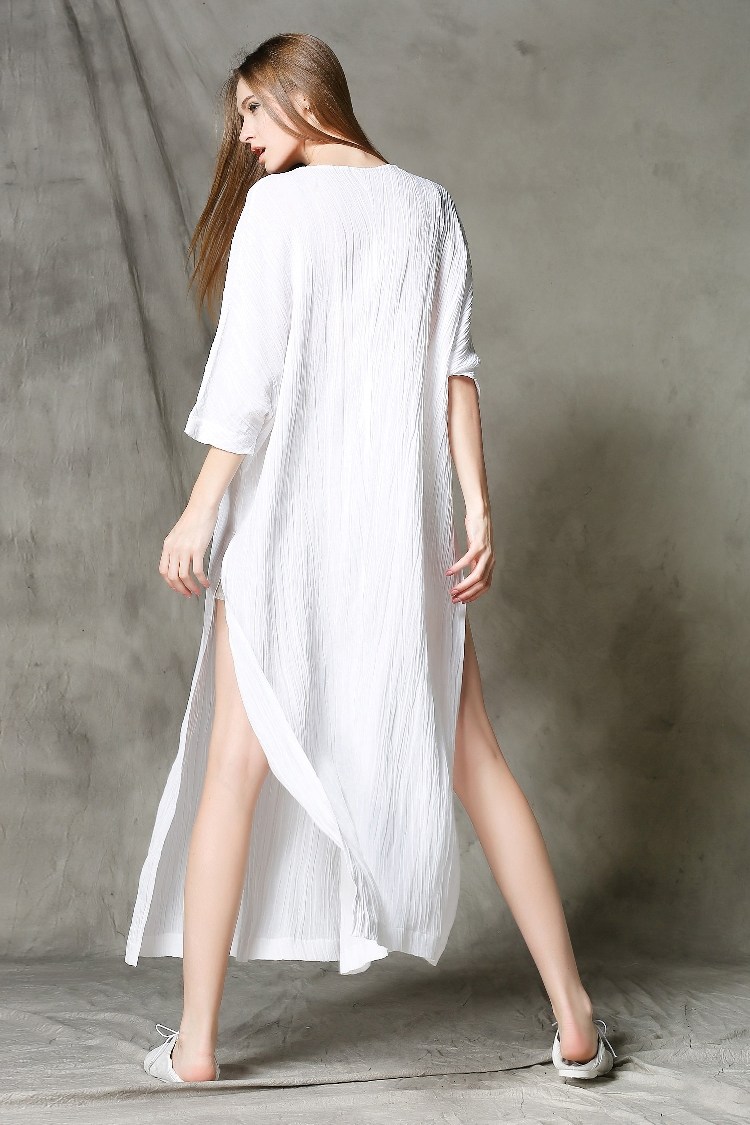 独立设计天然褶皱机理宽大袍子连衣裙长袍蓝白连衣裙