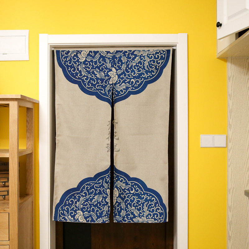 中式青花瓷棉麻门帘中国国风卧室厨房半帘自粘门帘