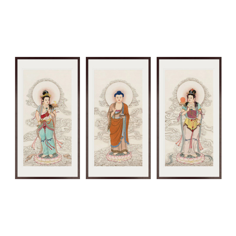工笔东方三圣药师琉璃光如来日光月光菩萨画像佛堂道场供奉卷轴画
