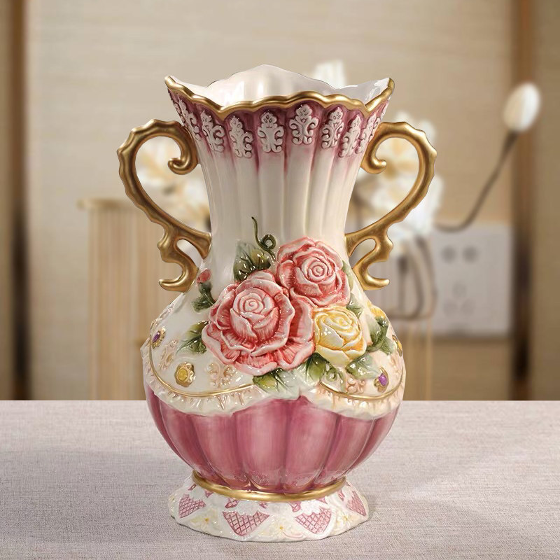 陶瓷花瓶欧式玫瑰雕花维多利亚双耳精致手绘鲜花花瓶