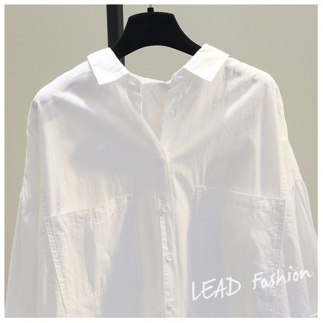 Double pocket white cotton shirt women 2020 autumn new Korean fan art back button shirt loose casual top Double pocket white cotton shirt women 2020 autumn new Korean fan art back button shirt loose casual top