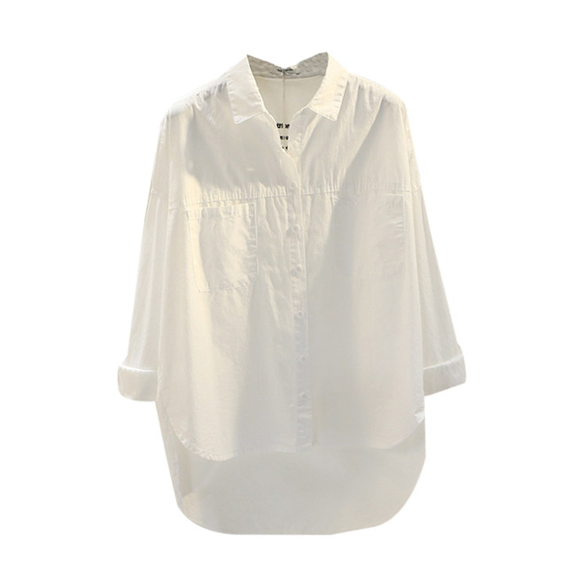 Back Embroidered Letters White Long Sleeve Shirt 2020 Autumn New Double Pocket Mid-length Shirt All-match Top Back Embroidered Letters White Long Sleeve Shirt 2020 Autumn New Double Pocket Mid-length Shirt All-match Top
