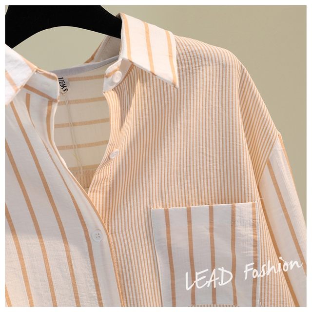 Single pocket color matching vertical stripe cotton hemp shirt women's 2020 autumn new Korean style literature and art loose casual shirt top Single pocket color matching vertical stripe cotton hemp shirt women's 2020 autumn new Korean style literature and art loose casual shirt top