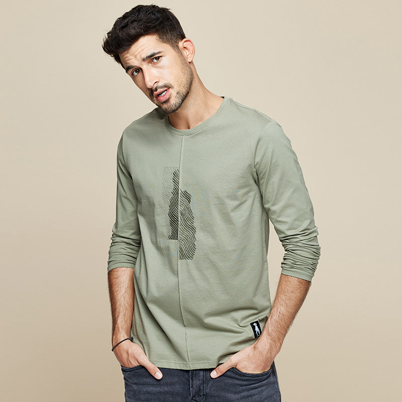 酷衣购2019秋季新款长袖t恤男潮流刺绣圆领衣服男士秋装上衣1789
