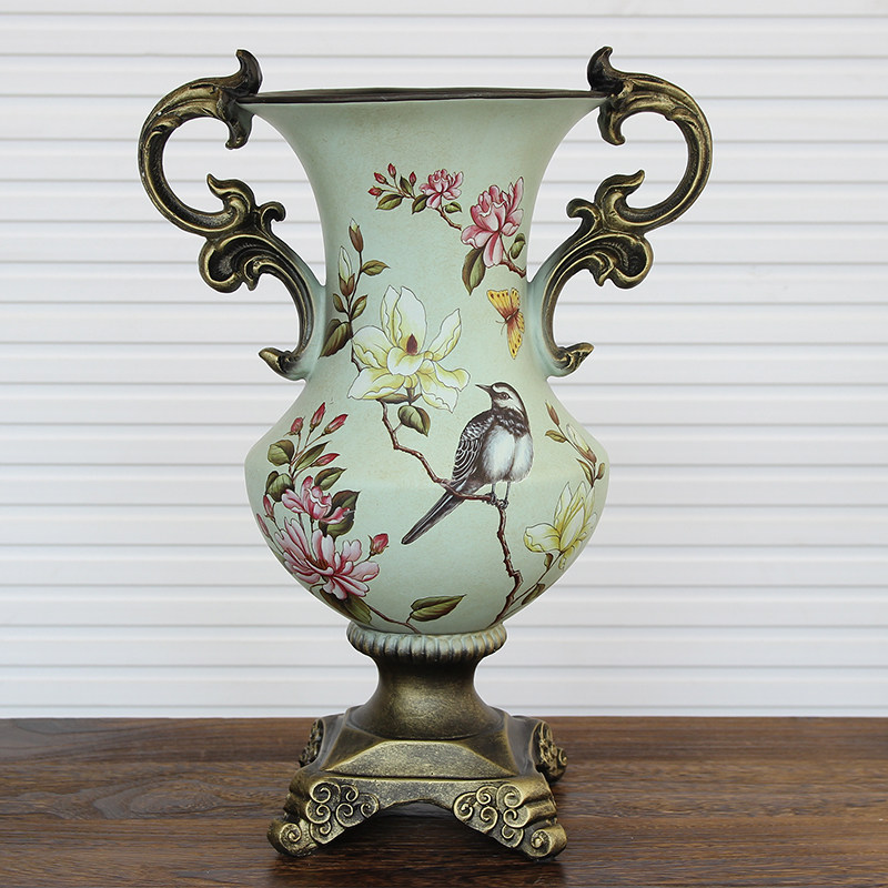 欧式复古高脚双耳花瓶美式创意软装装饰工艺摆件花瓶