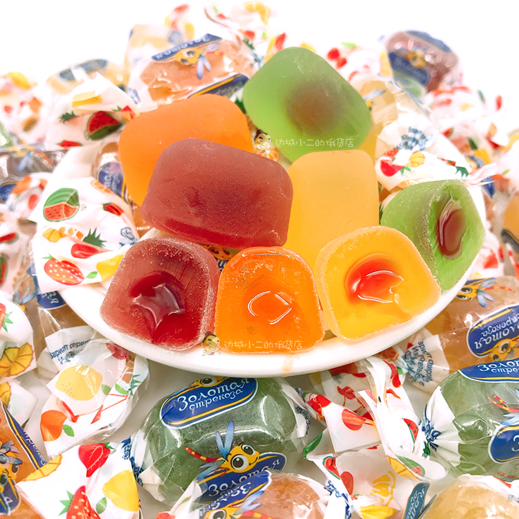 俄罗斯进口金蜻蜓水果夹心软糖小蜜蜂什锦果汁糖橡皮糖qq糖500g