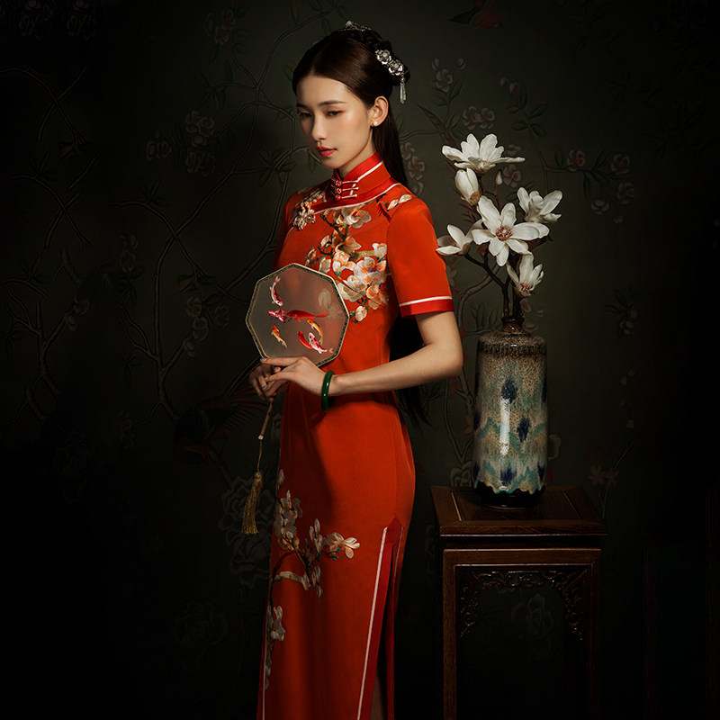 红馆苏绣旗袍桑蚕丝女手工刺绣重磅真丝绣花长款宴会礼服风丝袅