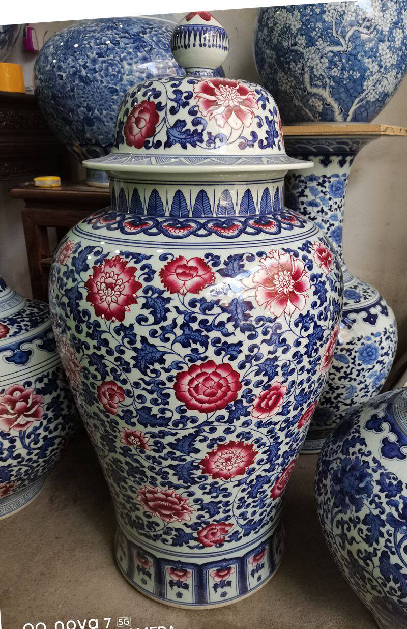 景德镇陶瓷花瓶手绘青花花王将军落地大花瓶摆设86厘米花瓶