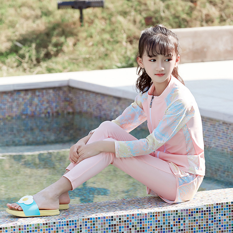 粉色中大游泳衣游泳防晒女学生12岁可爱件套两件儿童泳衣