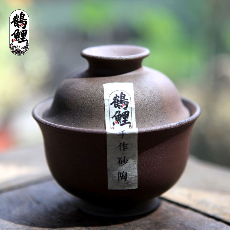 同尘鹤鲤砂器纯手工盖碗茶碗茶杯砂器成都陶瓷茶具天然养生  鹤鲤砂陶
