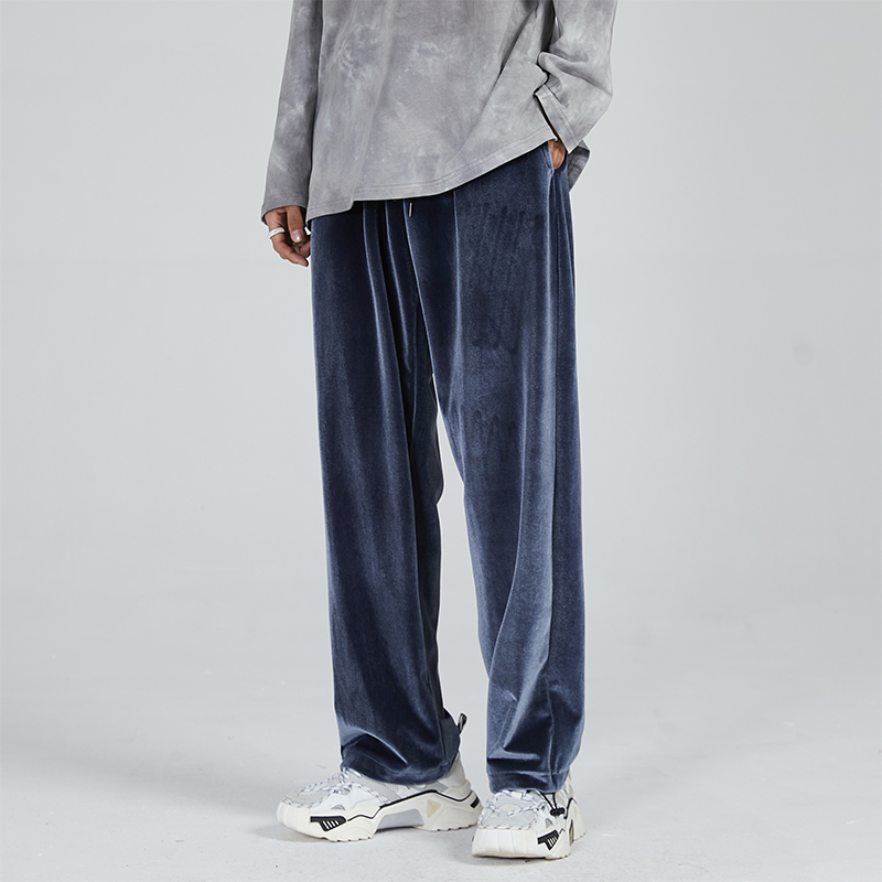 oii王嘉尔同款丝绒裤垂坠感高街裤子金丝绒直筒宽松运动阔腿男潮