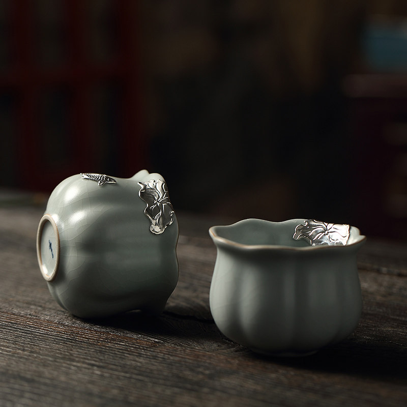 台湾镶银汝窑茶杯高葵品茗杯单杯功夫功夫茶茶具茶杯