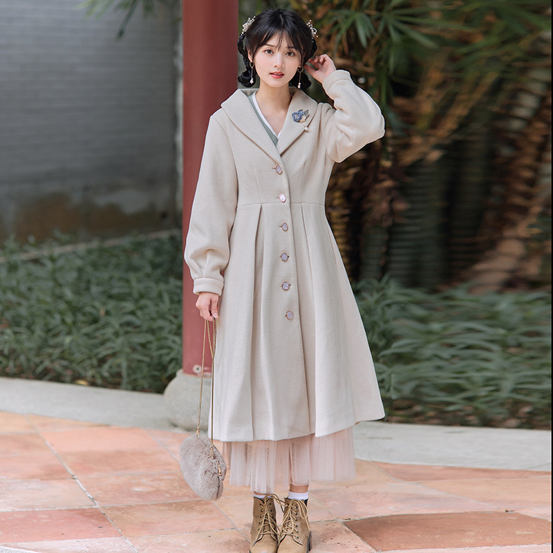冬季民国国风女装修身中长毛呢大衣复古加厚毛呢外套