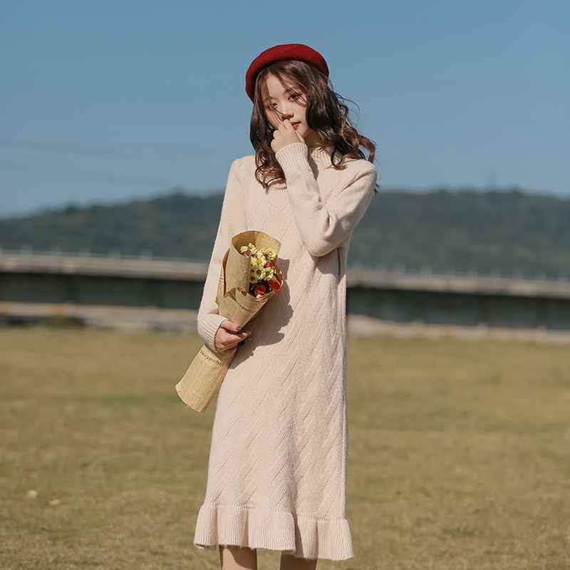 秋冬加厚半高领毛衣裙女中长款2021新款荷叶边打底内搭针织连衣裙