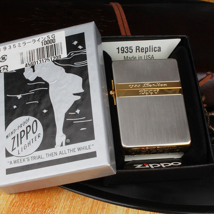 日本正品zippo煤油打火机1935经典复刻金色镜线zippo