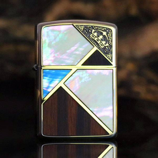 zippo煤油打火机天然贝壳镶嵌拼接胡桃木拼图创意zippo