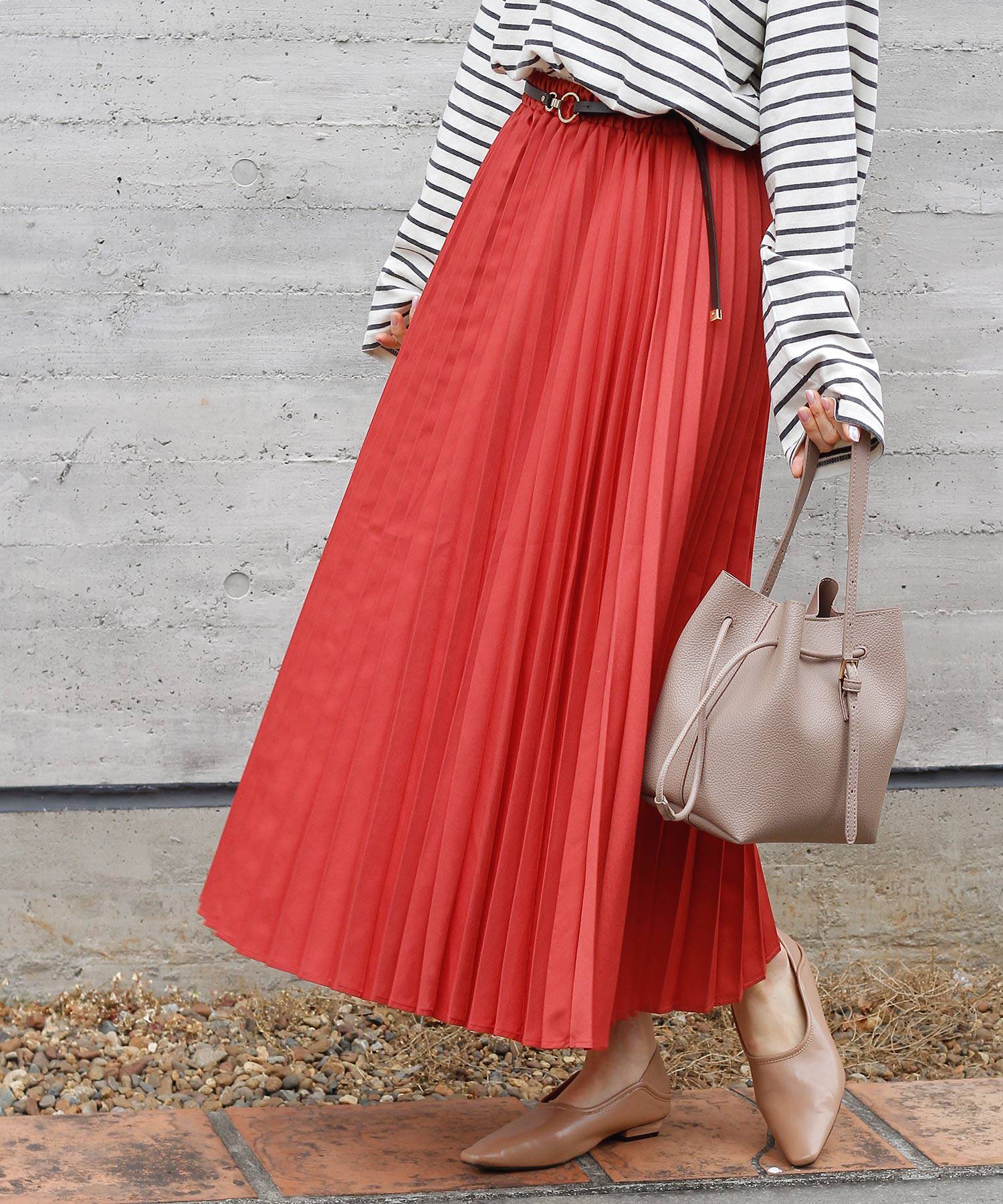 annuus日本crisp新款春季红色大摆中长百褶裙字裙半身裙