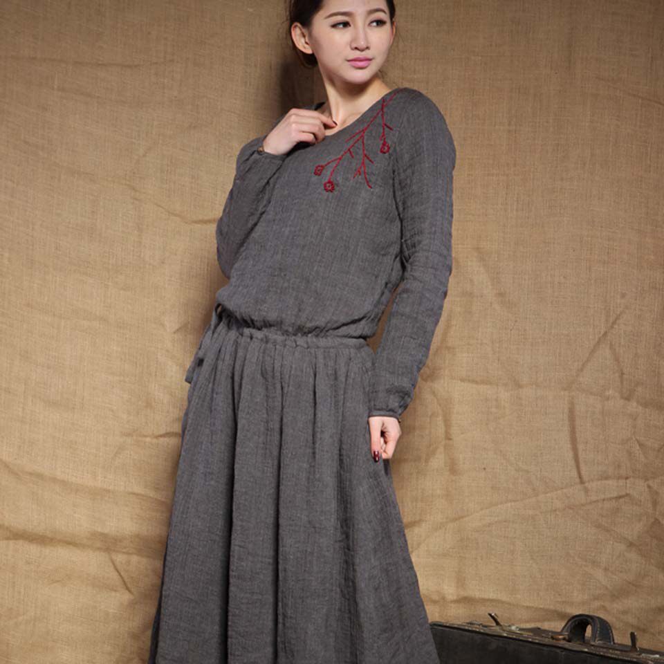 布衣风格衣庄可人原创烟灰麻纱肩绣抽绳连衣裙连衣裙